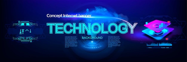 Conceito de banner de tecnologias da Internet Fono com flash de néon e título de tecnologia Futurista