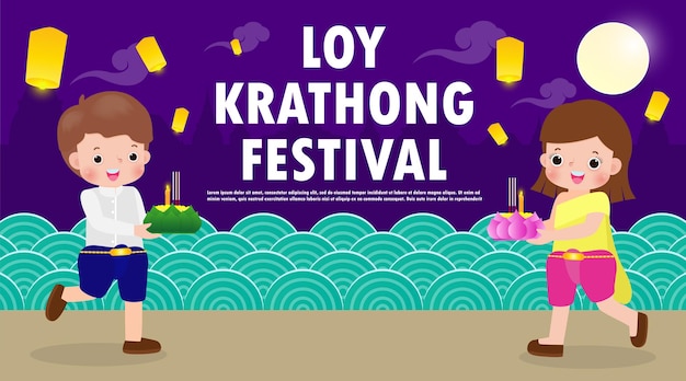 Conceito de banner do festival loy krathong com lindo casal tailandês em traje nacional segurando krathong