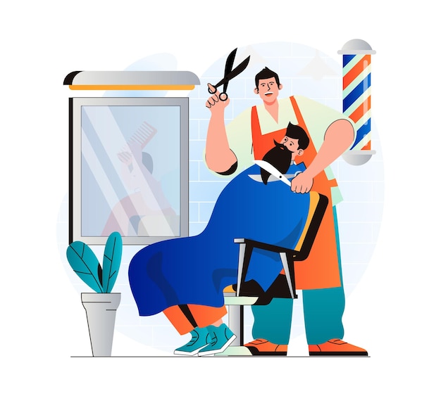 Conceito de barbearia em design moderno plano cabeleireiro cortando e barbeando o cabelo do cliente