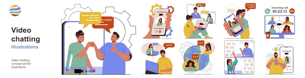 Conceito de bate-papo por vídeo com coleção de situações de personagem Pacote de cenas que as pessoas se comunicam on-line usando programas para telefones celulares ou laptops Ilustrações vetoriais em design web plano