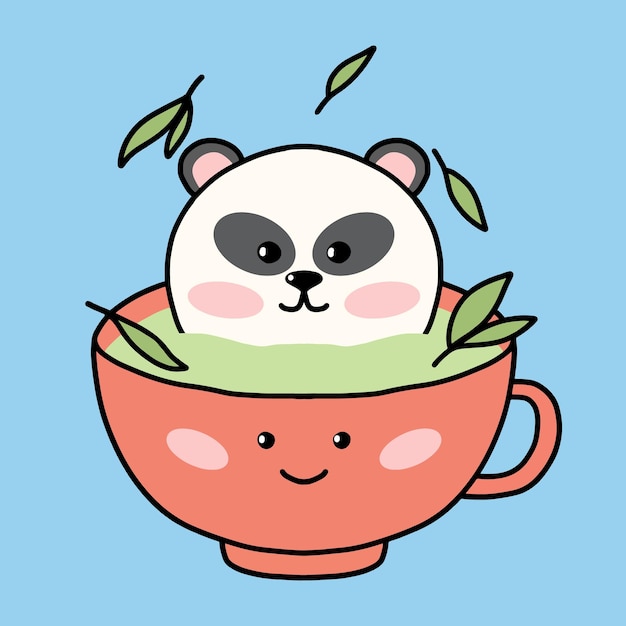 Conceito de beber chá panda bonito em uma caneca de chá estilo kawaii