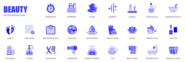 Conceito de beleza de ícones da web definidos em design plano simples Pacote de cronômetro natação pedra bambu vela massagem pés óleo escala spa menina magra e outros pictogramas vetoriais azuis para aplicativos móveis