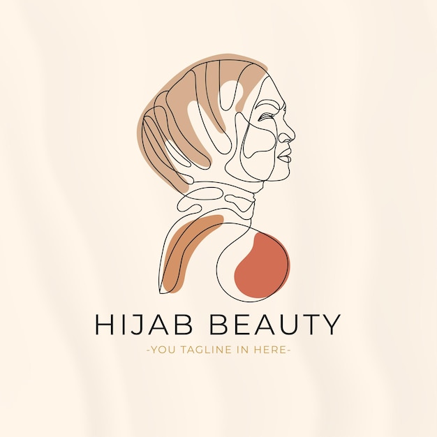 Vetor conceito de beleza de logotipo de arte de linha hijab de mulher, cartaz de retrato de contorno hijab