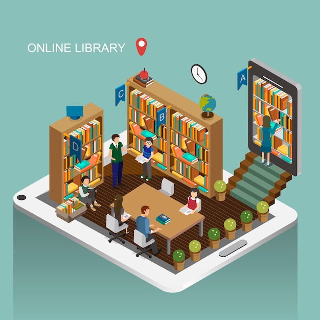 Conceito de biblioteca online em design plano isométrico 3D