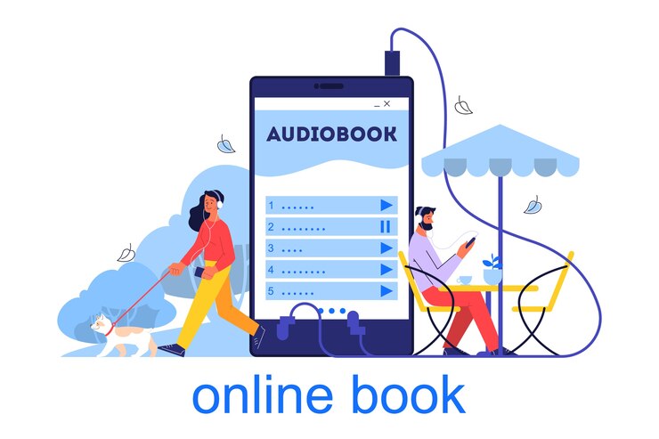 Conceito de biblioteca online. Ideia de estudo remotamente usando internet, E-library. As pessoas ouvem livros digitais no smartphone. ilustração