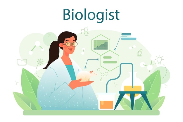 Conceito de biólogo. Cientista fazem análises laboratoriais do sistema de vida e dos organismos vivos. Ideia de educação e experiência. Botânica, microbiologia, biologia humana. Ilustração vetorial