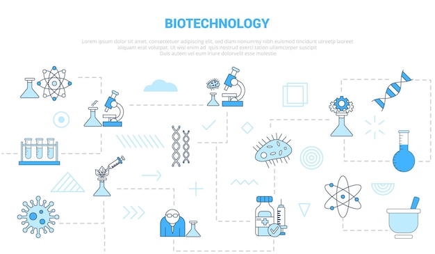 Conceito de biotecnologia com banner de modelo de conjunto de ícones com ilustração vetorial de estilo de cor azul moderna