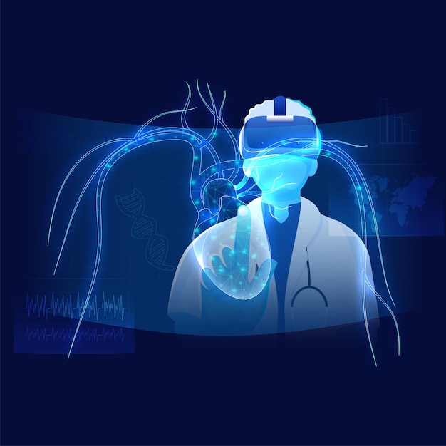 Conceito de biotecnologia com representante médico ou médico usando VR e observando o fundo virtual de saúde do coração humano