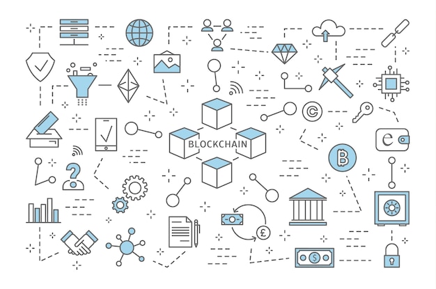 Conceito de blockchain. tecnologia digital moderna. transações financeiras seguras. criptomoeda e bitcoin. conjunto de ícones de blockchain e bancário. ilustração de linha