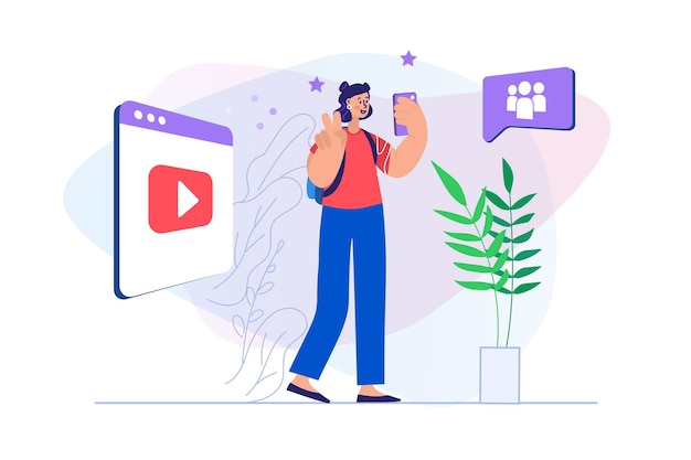 Conceito de blog de vídeo com ilustração vetorial de cena de pessoas