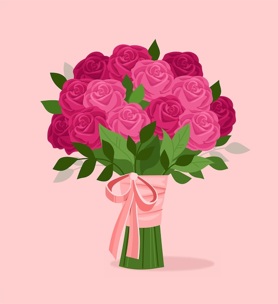 Vetor conceito de buquê luxuoso de casamento lindas flores cor de rosa rosas presente romântico ou presente layout do modelo e simulação ilustração vetorial plana dos desenhos animados isolada no fundo rosa