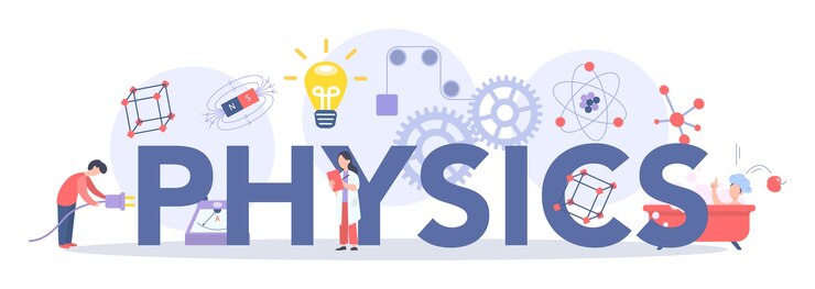 Vetor conceito de cabeçalho tipográfico do assunto de escola de física. os cientistas exploram eletricidade, magnetismo, ondas de luz e forças. estudo teórico e prático. ilustração vetorial isolada