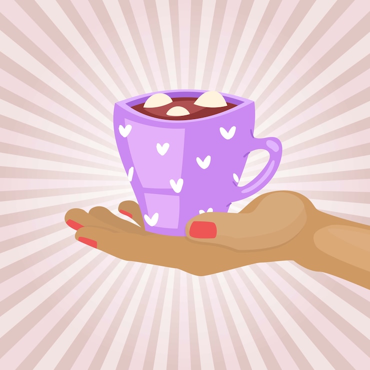 Vetor conceito de café da manhã, café quente da manhã, bebida quente, cappuccino de aroma, segurar caneca quente, ilustração.