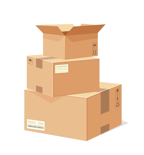 Conceito de caixa de papelão Pacote e embalagem para mercadorias e produtos Entrega de alimentos de café Poster ou banner para site Ilustração vetorial isométrica isolada em fundo branco