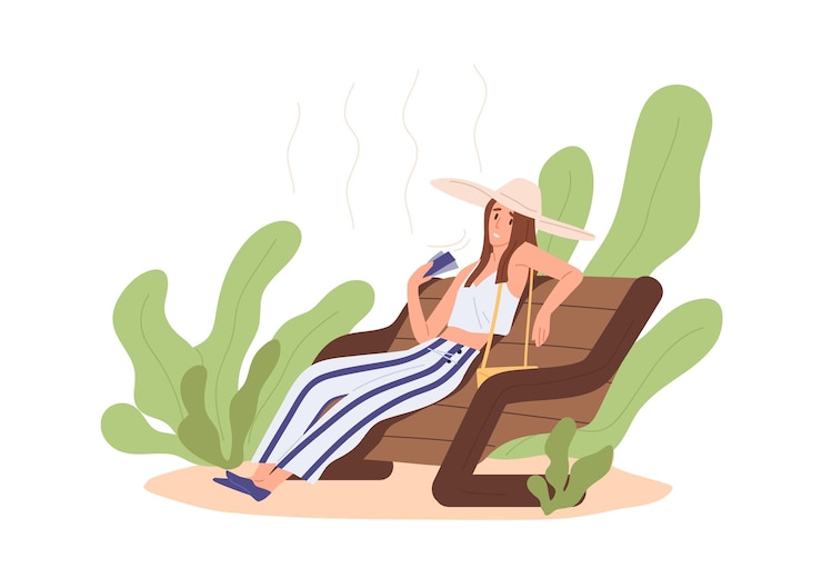 Vetor conceito de calor e clima quente. pessoa sentada ao ar livre, sentindo-se mal e cansada por causa da alta temperatura em um dia abafado. mulher superaquecendo. ilustração em vetor plana colorida isolada no fundo branco
