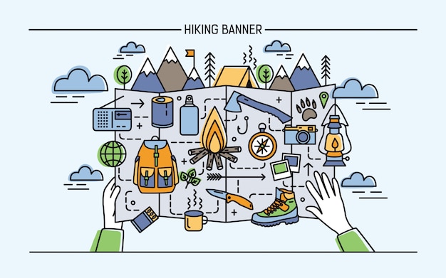 Conceito de caminhadas, mochila, férias ativas, viagens. Banner horizontal com acessórios turísticos e fogueira, barraca, montanha. Ilustração colorida no estilo lineart.