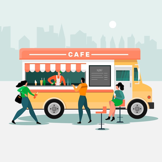 Conceito de caminhão de comida. As pessoas comem em um café sobre rodas. Apartamento moderno.