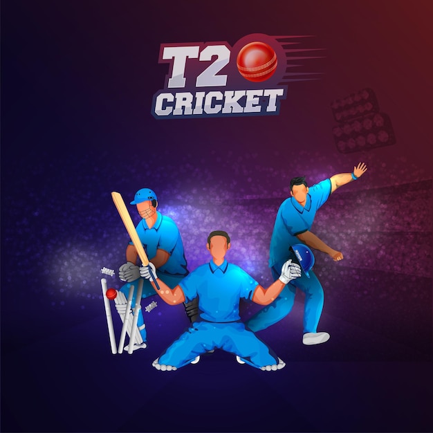 Conceito de campeonato de críquete T20 com jogadores de críquete sem rosto jogando equipamentos de torneio de pose em fundo de efeito de ruído azul e Claret