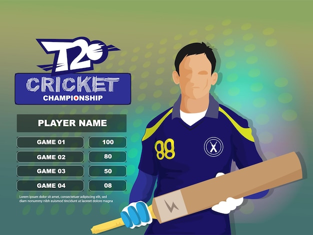 Conceito de campeonato de críquete T20 com lista de Wicket-Takers e jogador de massa sem rosto em fundo gradiente de bolinhas.