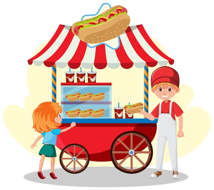 Vetor conceito de carrinho de comida de rua com carrinho de cachorro-quente