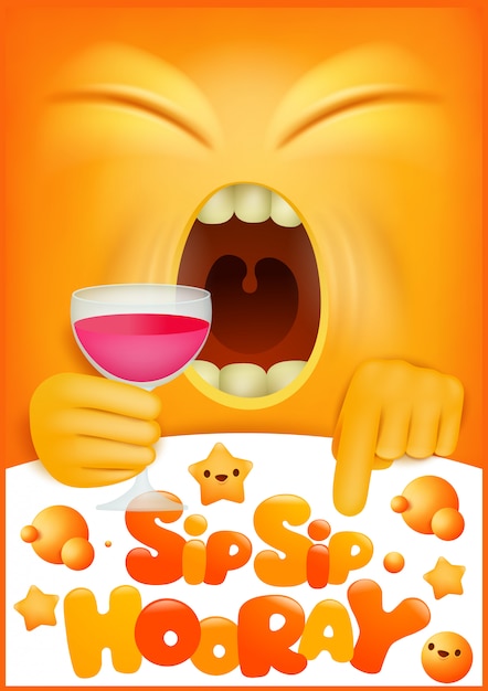 Conceito de cartão com personagem de desenho animado emoji amarelo. sip sip hooray