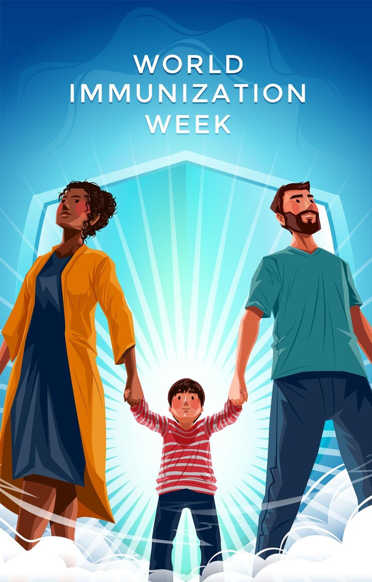 Vetor conceito de cartaz da semana mundial de imunização com a família de mãos dadas