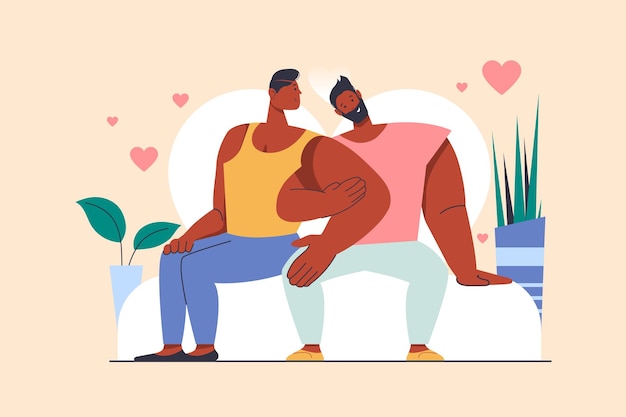 Vetor conceito de casal gay lgbt com cena de pessoas em design plano homens apaixonados se abraçando e sentados juntos par de homens homossexuais abraçando e flertando ilustração vetorial com situação de personagem para web