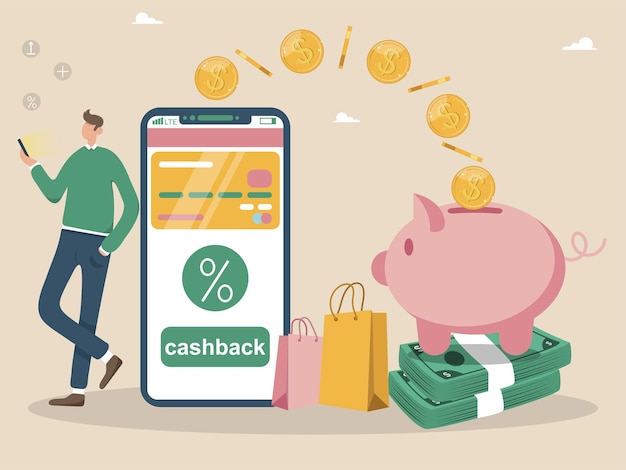 Conceito de cashback - um homem com um smartphone, o dinheiro vai para um cofrinho.