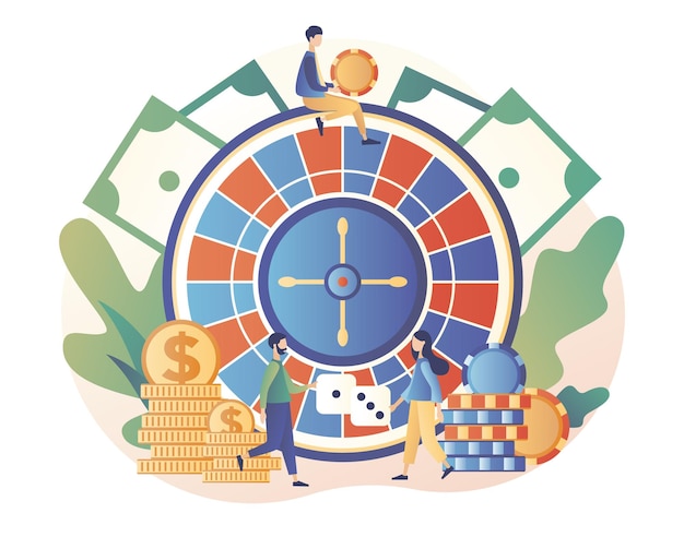 Conceito de cassino e jogos de azar Pessoas pequenas jogando jogos de azar As pessoas jogam roleta Estilo moderno de desenho animado plano Ilustração vetorial no fundo branco