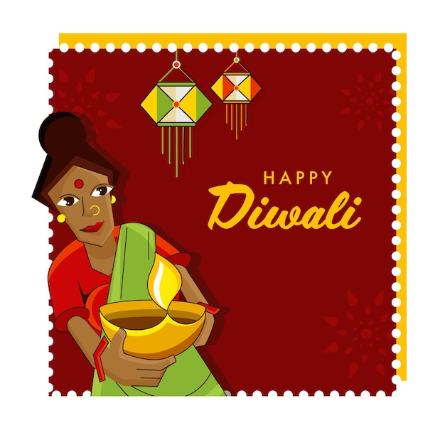 Conceito de celebração de diwali feliz com mulher indiana dos desenhos animados segurando a lâmpada de óleo acesa diya e lanterna kandeel pendure no fundo vermelho