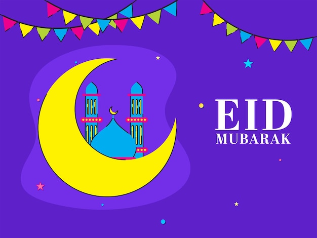 Vetor conceito de celebração de eid mubarak com estrelas da mesquita da lua crescente e bandeiras de estamenha decoradas em fundo roxo