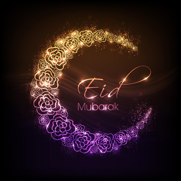 Conceito de celebração de eid mubarak com lua crescente floral sobre fundo de efeito de luzes castanhas