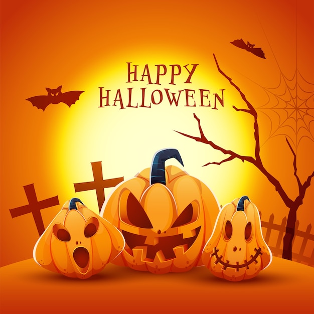Conceito de celebração de Halloween feliz com Jack-O-Lanterns assustadores e morcegos voadores no fundo da floresta da lua cheia.
