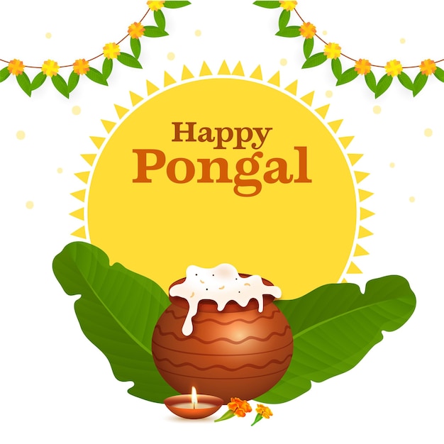 Vetor conceito de celebração pongal feliz com pote de lama cheio de arroz pongali iluminado lâmpada de óleo diya banana deixa guirlanda floral toran em fundo amarelo e branco