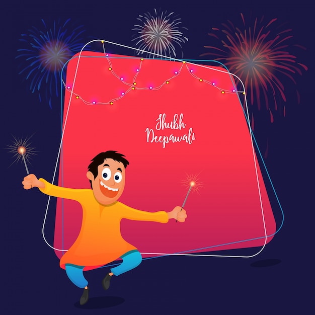 Conceito de celebrações de subh diwali com happy kid segurando firecrakes em fundo rosa e azul.