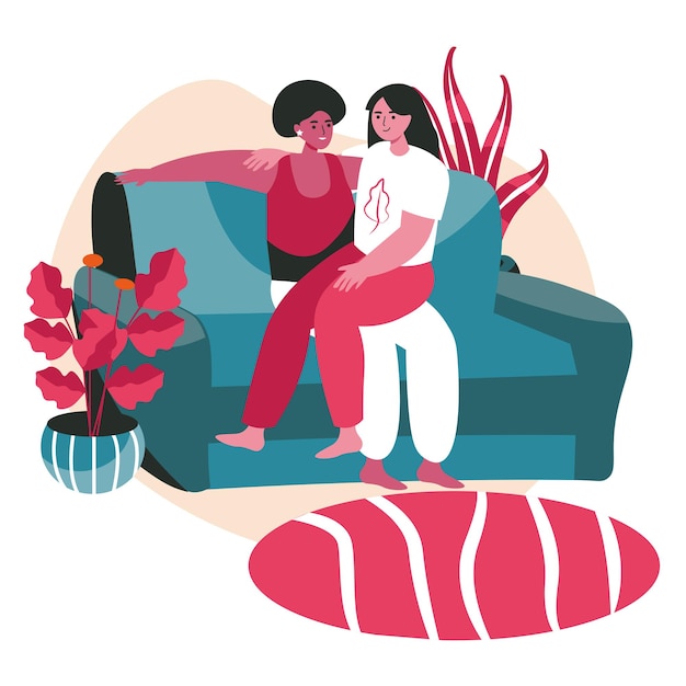 Conceito de cena de casais de lésbicas multirraciais homossexuais diversos. mulheres se abraçando enquanto estão sentadas no sofá. família, relacionamento amoroso, atividades pessoais. ilustração em vetor de personagens em design plano