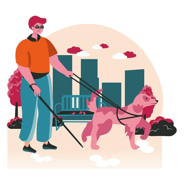 Conceito de cena de pessoas com deficiência. homem cego andando com o cão-guia na rua. pessoas com deficiência de acessibilidade e reabilitação, atividades com pessoas. ilustração em vetor de personagens em design plano