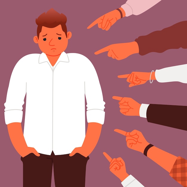 Conceito de censura social ou acusações Muitas mãos apontando um deprimido, triste, intimidação Assédio