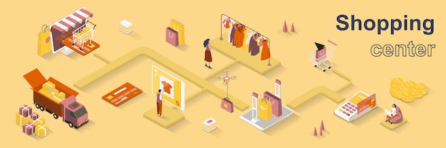 Conceito de centro comercial 3d isométrico web banner as pessoas escolhem roupas na loja ou fazem compras