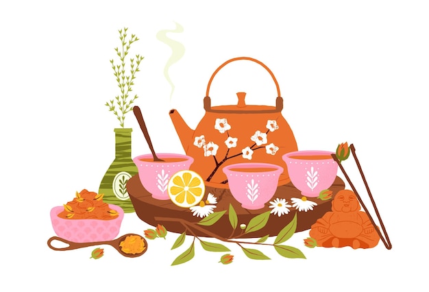 conceito de chá chinês cerimônia de chá tradicional com chaleira e copos bebida quente bebida com folhas desenho animado estilo plano ilustração vetorial