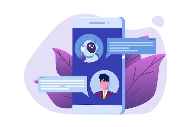 Conceito de chatbot. Homem falando com o robô. Serviço de apoio ao cliente android, diálogo de inteligência artificial.