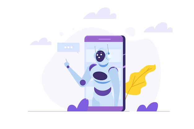 Conceito de chatbot homem falando com robô serviço de suporte ao cliente android caixa de diálogo de inteligência artificial