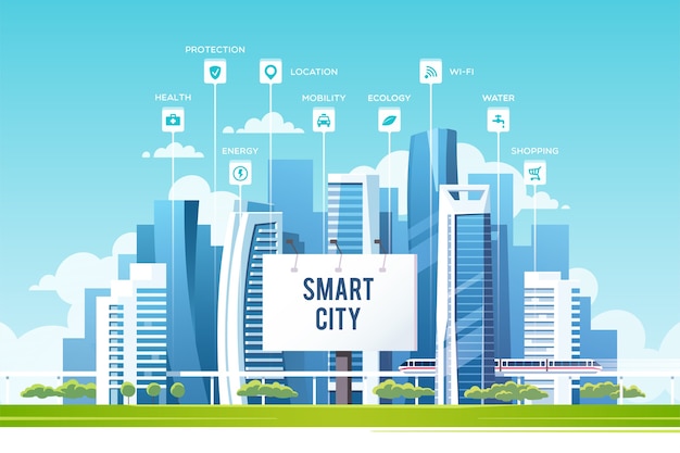 Conceito de cidade inteligente com ícones e elementos diferentes Tecnologia do futuro para viver Paisagem urbana com ilustração de edifícios e arranha-céus