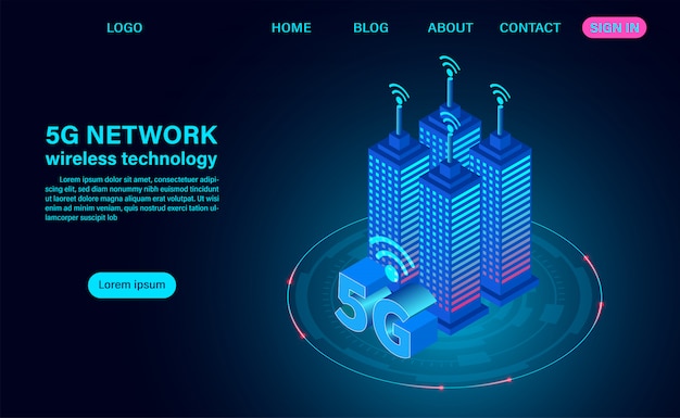 Conceito de cidade inteligente, edifícios com internet sem fio de símbolo 5G.