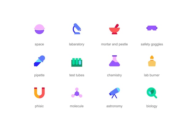 Conceito de ciência de ícones da web definidos em design plano colorido pacote de argamassa de laboratório espacial