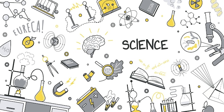Vetor conceito de ciência para design de banner com padrão de doodle de linha plana textura de desenho de mão com equipamento de laboratório tubo de ensaio frasco pesquisa química física microscópio ilustração vetorial para web