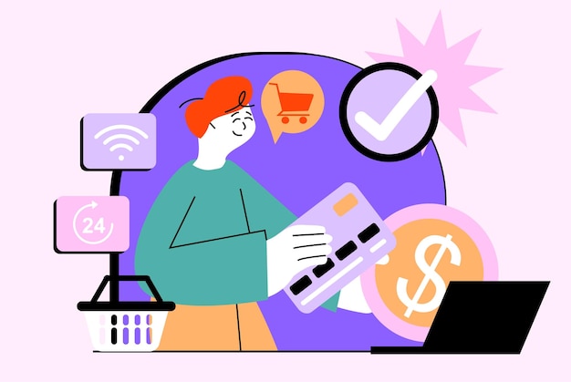 Conceito de cintura alta de pagamento on-line com cena de pessoas no design de desenho animado plano