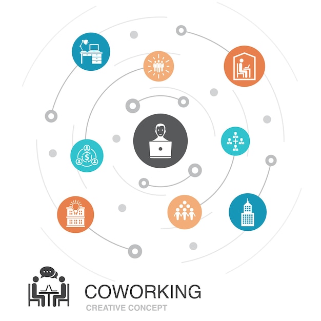 Conceito de círculo colorido de coworking com ícones simples. contém elementos como escritório criativo, colaboração, local de trabalho, economia compartilhada