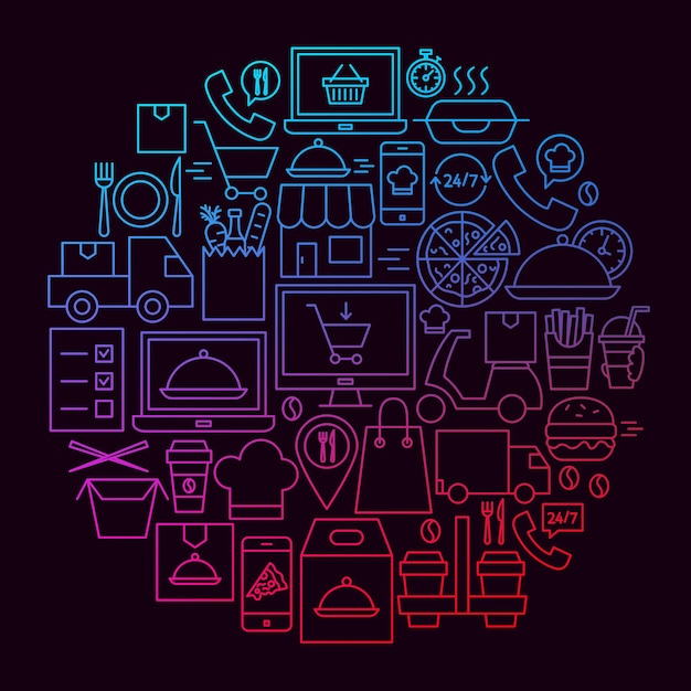 Vetor conceito de círculo de ícone de linha de entrega de alimentos. ilustração em vetor de outline design.