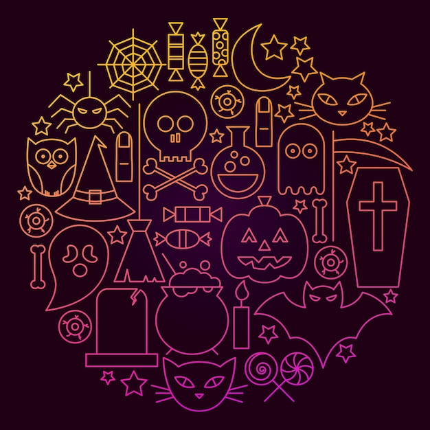 Conceito de círculo de ícone de linha de halloween. ilustração em vetor de objetos assustadores de férias.